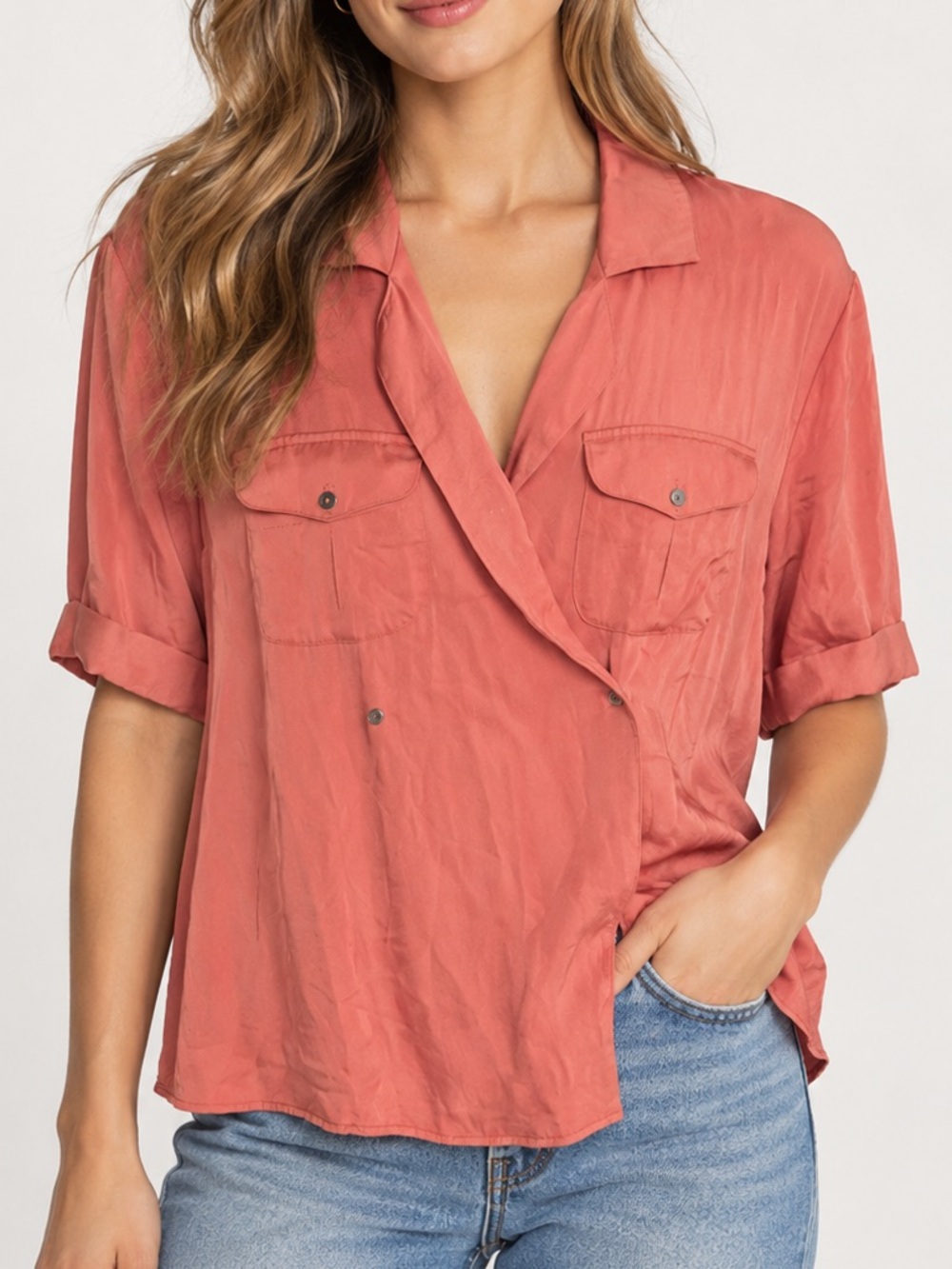 Dolan Anthropologie Left Coast Collection Coral Utility Blouse Size L